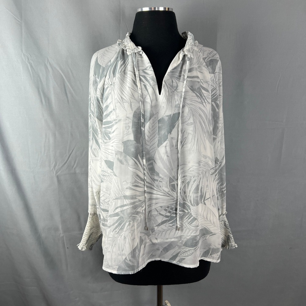 Calvin Klein Blouse Top Womens M Multicolor Tropical Leaf Print Ruffled Collar
